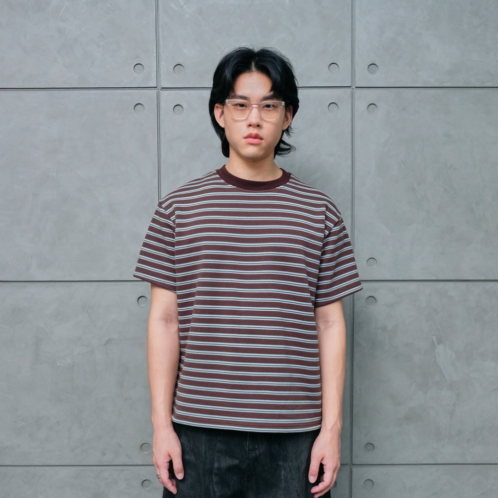 Striped crew neck shirt tape on the back