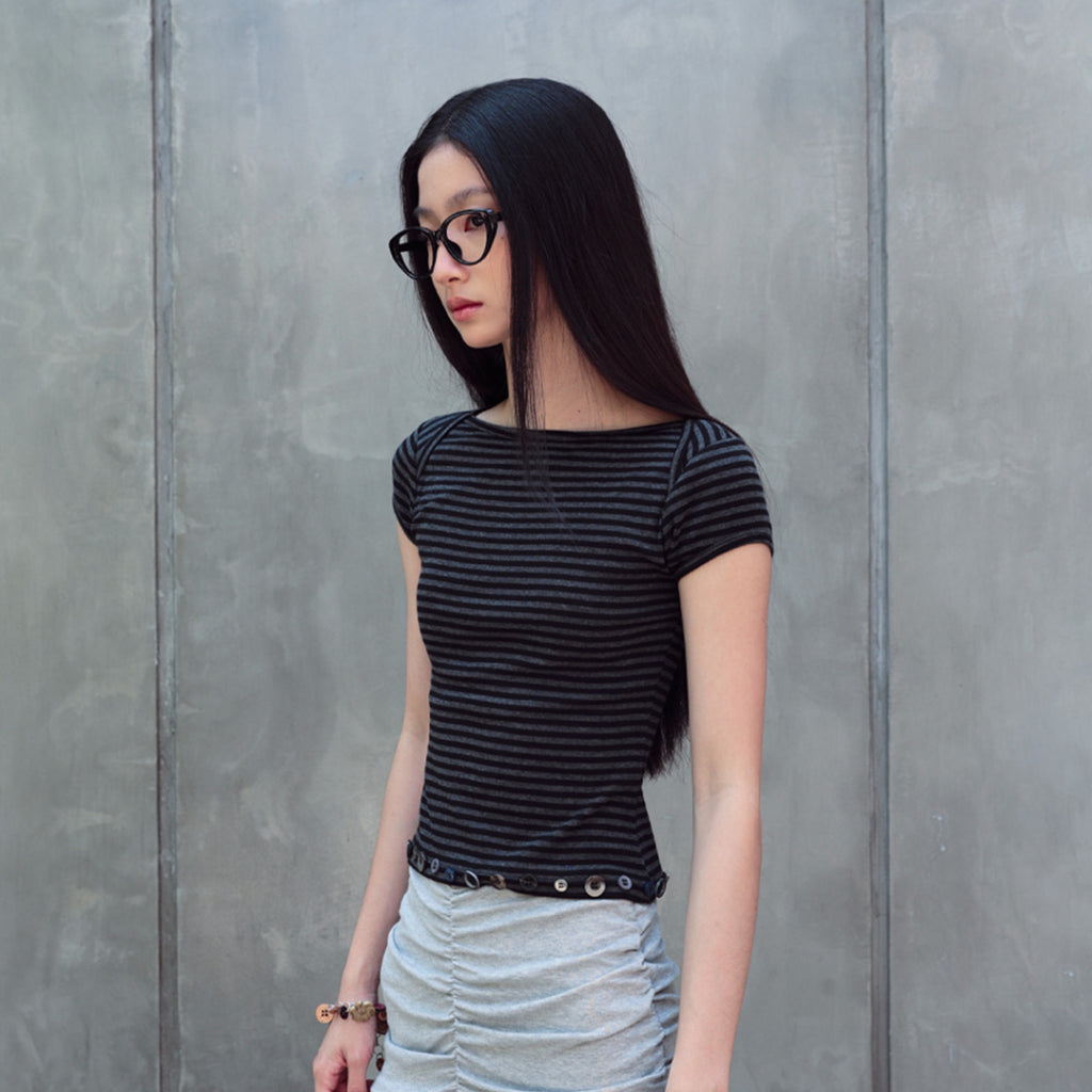 Black stripe boat neck baby tee — 2