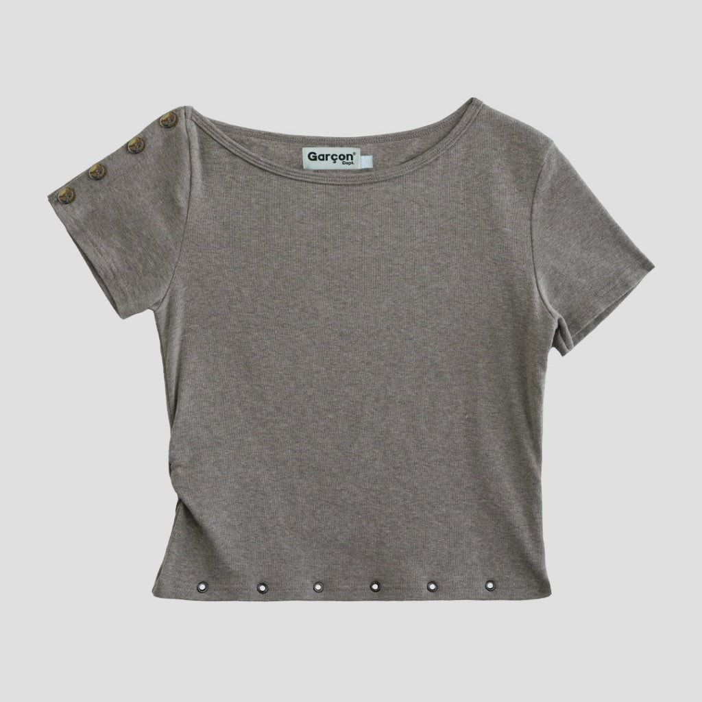 Button closure off-the-shoulder top