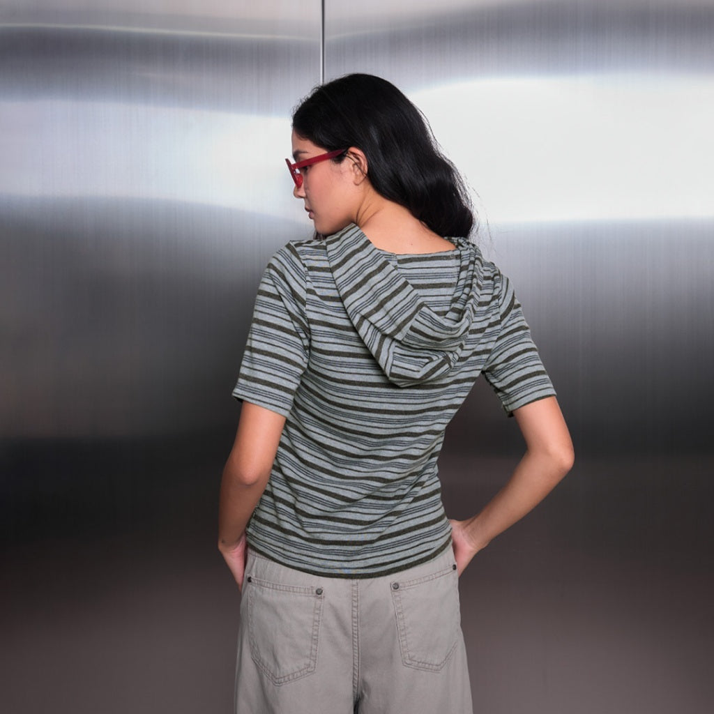 Vintage Cropped Grey stripe Hoodie
